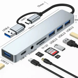 8-in-2 USB & Type-C Hub – Docking Station with Audio Jack & Card Reader